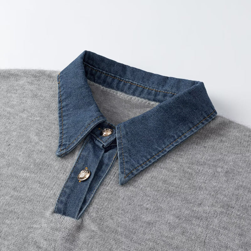 Damen Strickpullover mit Denimkragen und zweiknopf-Poloblende Drune