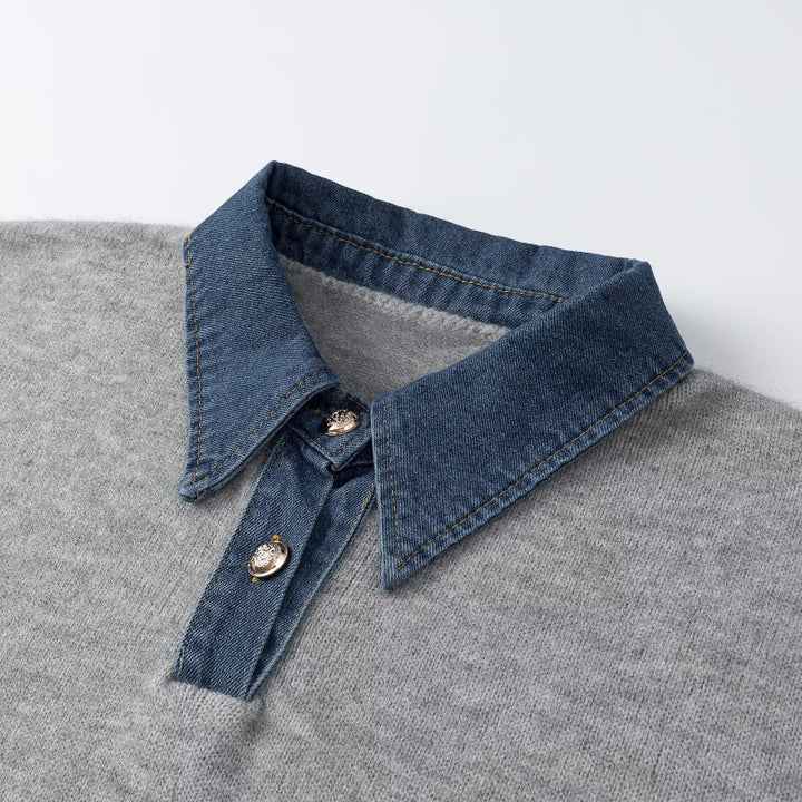 Damen Strickpullover mit Denimkragen und zweiknopf-Poloblende Drune