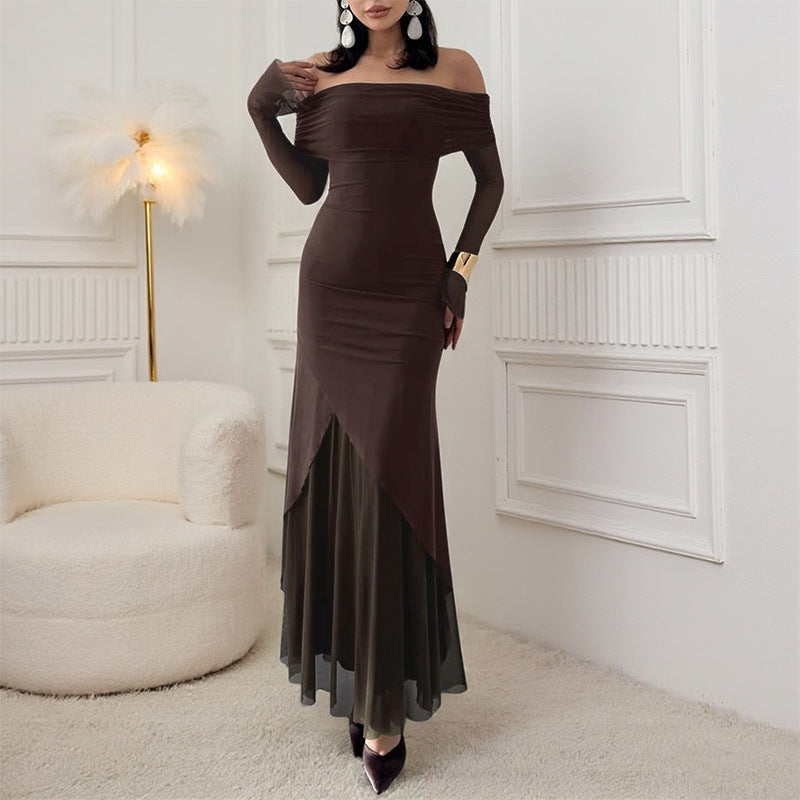 Damen elegantes schulterfreies Maxikleid mit raffiniertem Rüschenoberteil und asymmetrischem Saum Drune