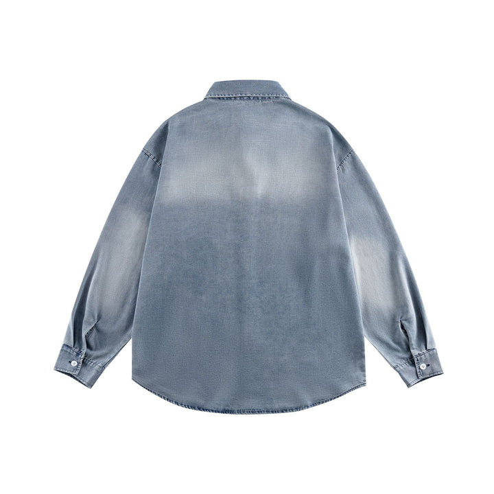 Unisex Oversize Denim-Hemdjacke mit gerundetem Saum und gesticktem Brustmotiv Drune