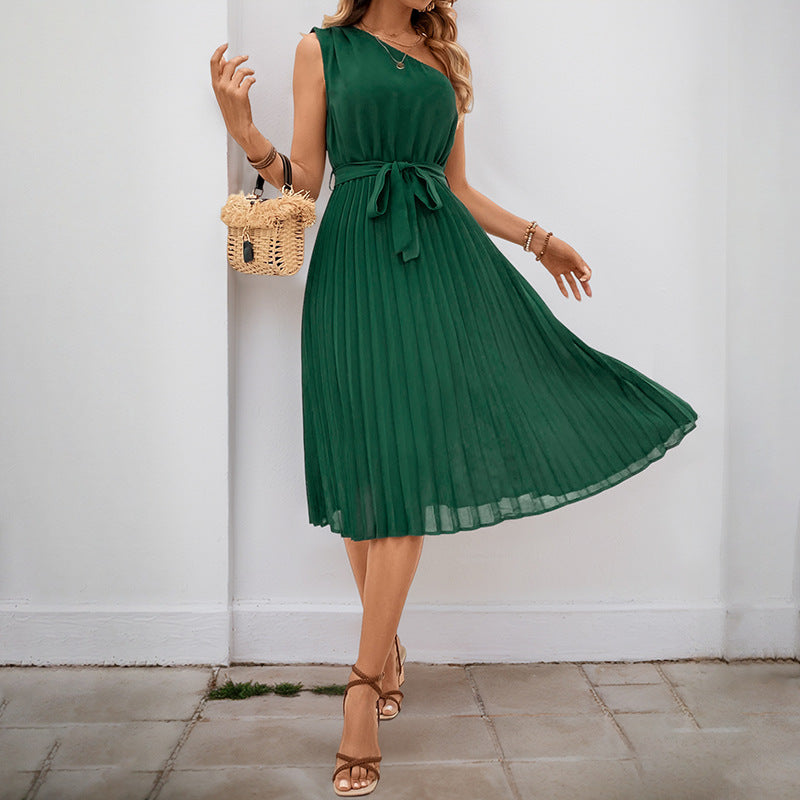 Damen Plissee-Kleid mit Taillengürtel und elegantem V-Ausschnitt Drune
