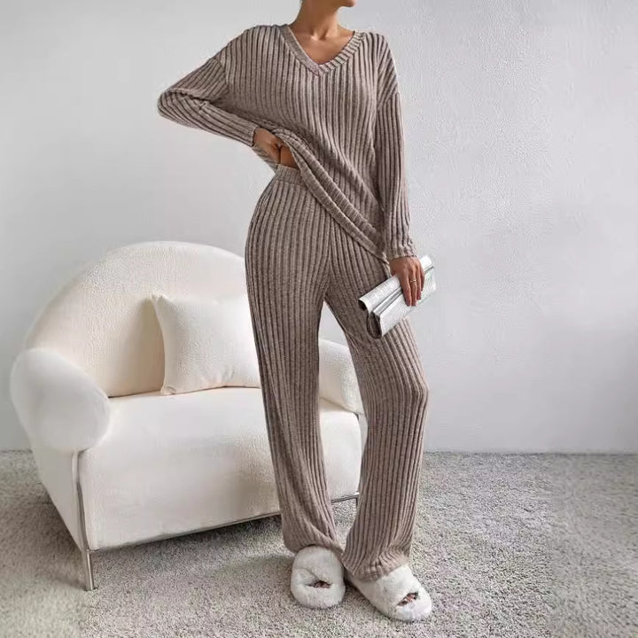 Damen lässiges Strick-Lounge-Set mit V-Ausschnitt Drune