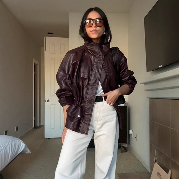 Damen Oversize Lederimitat-Blouson mit hohem Stehkragen und Taillenzug Drune