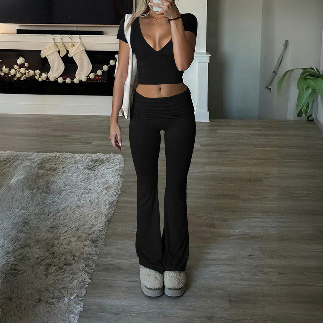 Damen Lässiges Zweiteiliges Lounge-Set mit cropped Oberteil und Bootcut-Hosen Drune