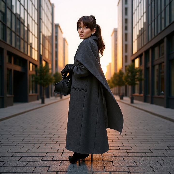 Damen Taillierter Longline-Cape-Mantel aus Wollmix mit überfallendem Cape-Detail Drune