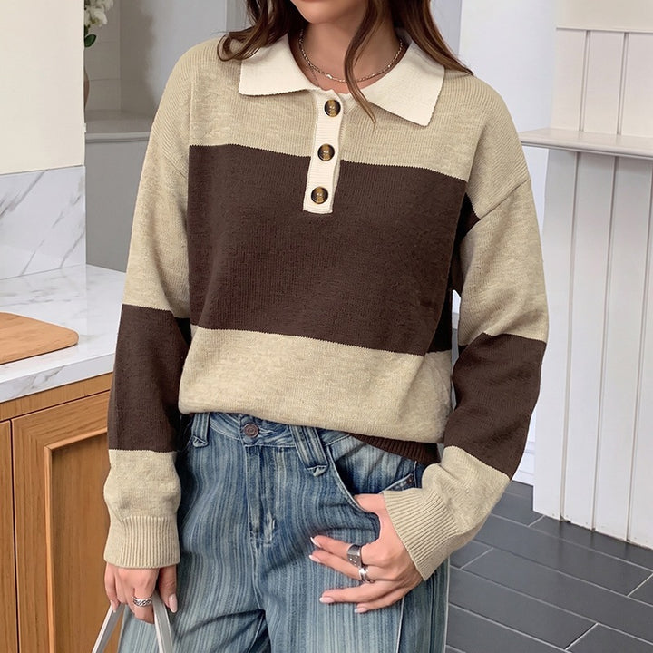 Damen Modischer Pullover mit Streifen und Knopfleiste Drune