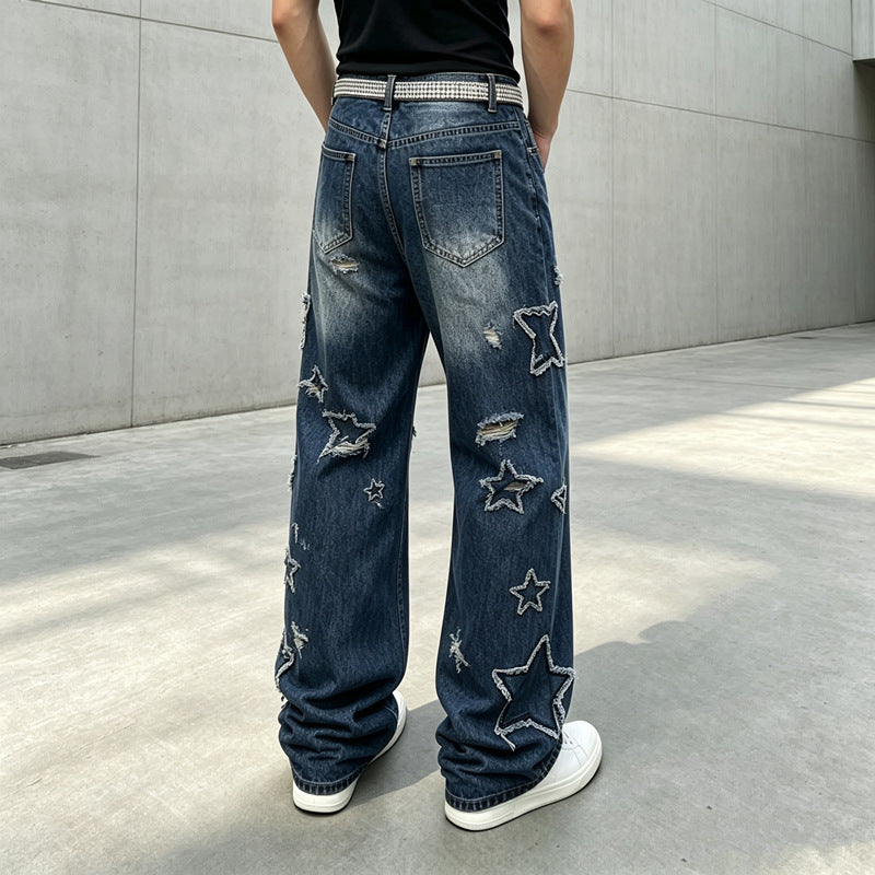 Herren Modische Weit geschnittene Jeans mit Sternen-Dekor Drune