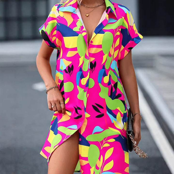 Damen Lockeres Hemdblusenkleid mit Knopfleiste, Reverskragen und floralem Print Drune