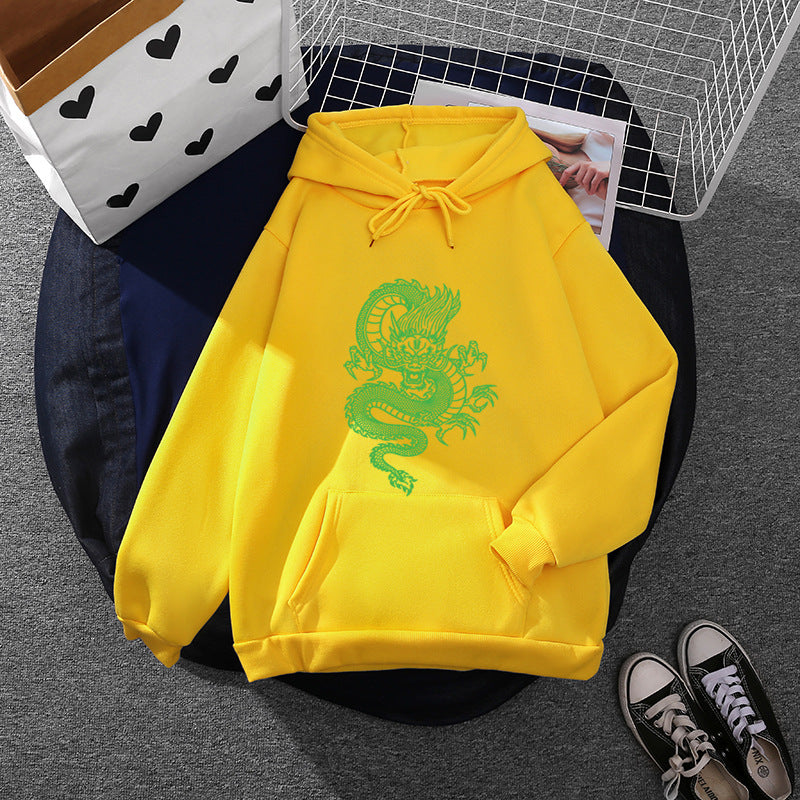 Unisex nan Kapuzenpullover mit detailreichem Drachenmotiv, Oversize‑Schnitt und Kängurutasche Drune
