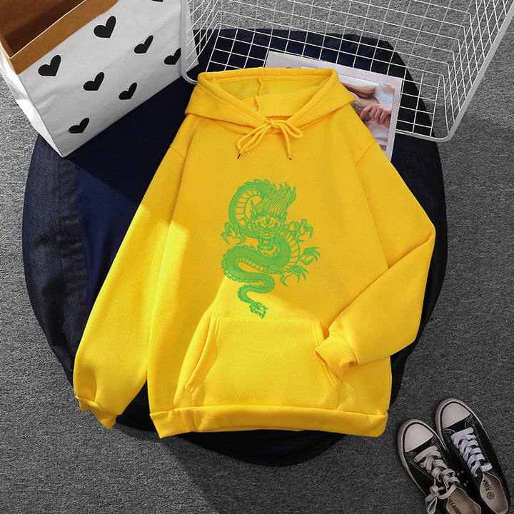 Unisex nan Kapuzenpullover mit detailreichem Drachenmotiv, Oversize‑Schnitt und Kängurutasche Drune