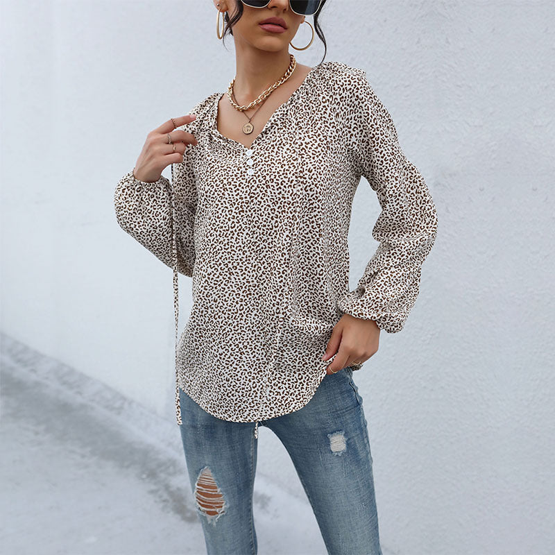 Damen Leopardenprint-Bluse mit V‑Ausschnitt, leichter Viskoseoptik und Ballonärmeln Drune