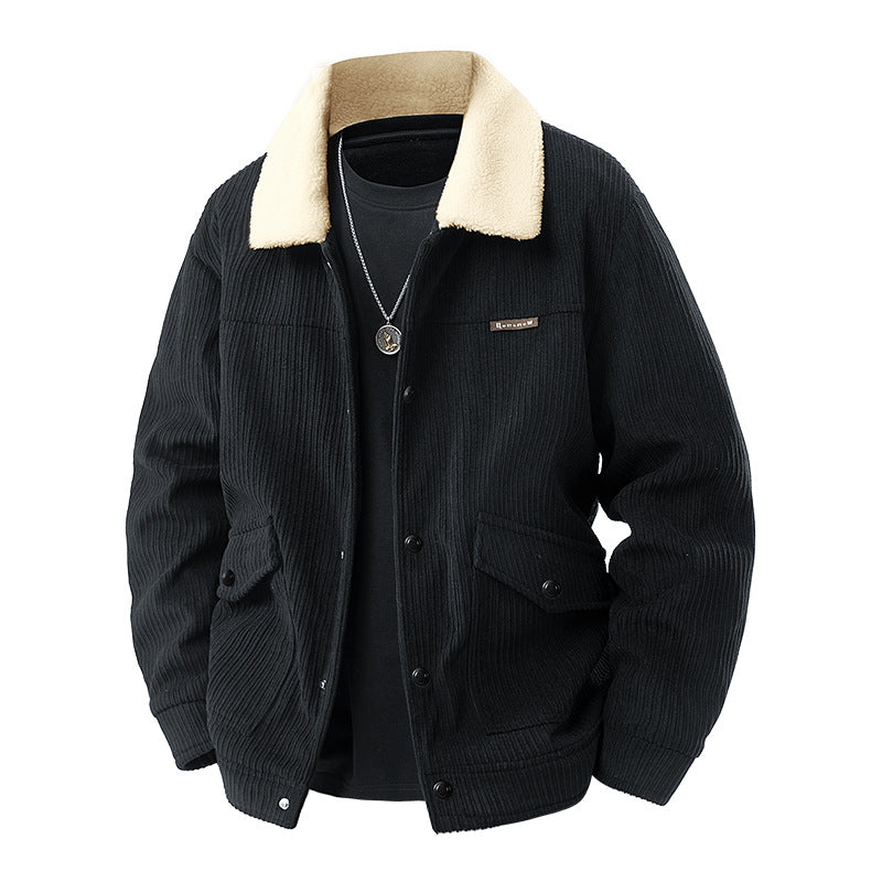 Männer's  schwerer geripptes Corduroy-Jacke mit Sherpa-Kragen und Druckknopfklapptaschen Drune
