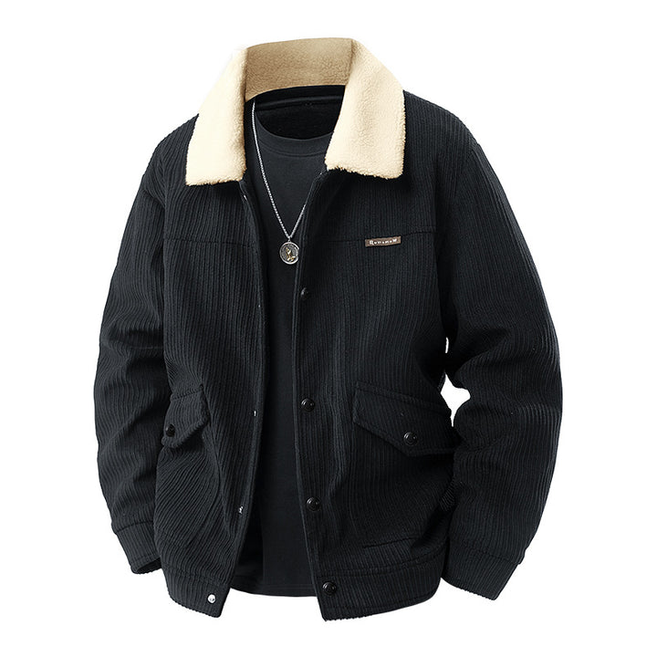 Männer's  schwerer geripptes Corduroy-Jacke mit Sherpa-Kragen und Druckknopfklapptaschen Drune