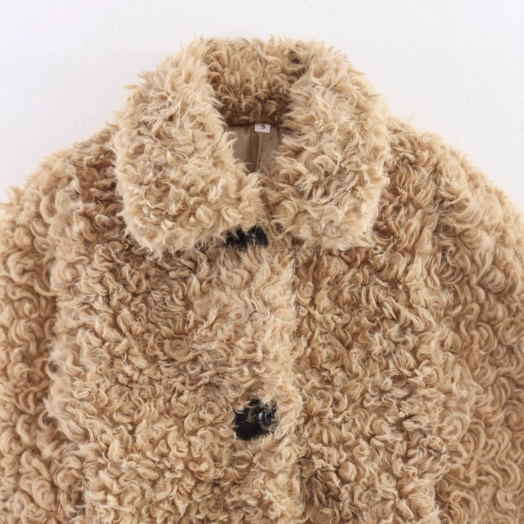 Damen nan kurze Bouclé-Teddyjacke mit lockiger Webstruktur Hemdkragen und Knopfverschluss Drune