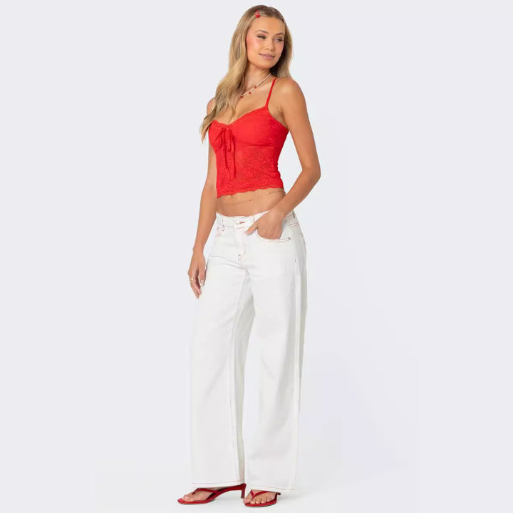 Damen Spitzencrop-Top mit Schleifen-Detail und verstellbaren Trägern Drune