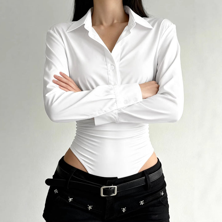 Damen eleganter Bodysuit mit feinem Kragen und Knopfdetails Drune