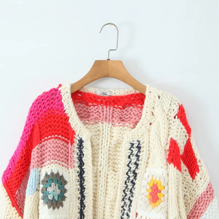 Damen Grobgestrickte Boho-Cardigan mit Häkelpatchwork Drune