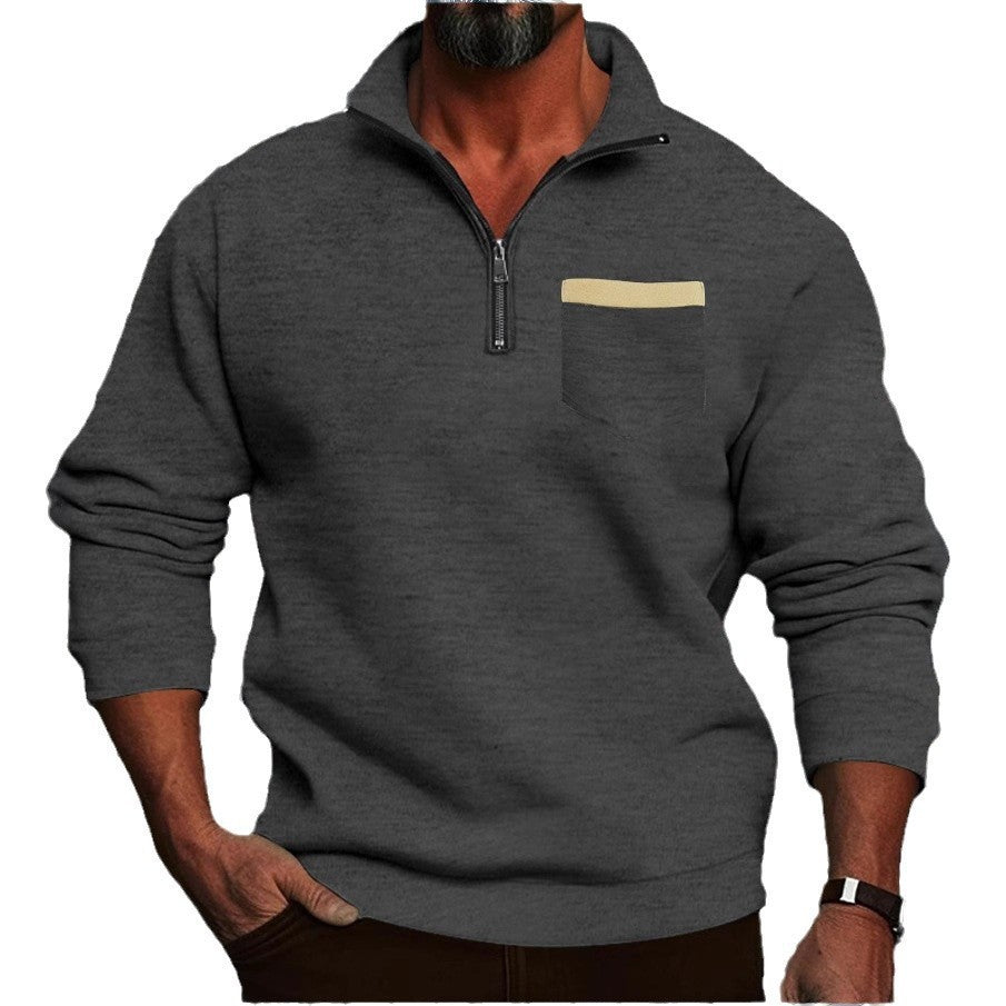 Herren nan feinstrukturiertes Halbzip-Feinstrickpullover mit Stehkragen, Brusttasche und schmaler Silhouette Drune