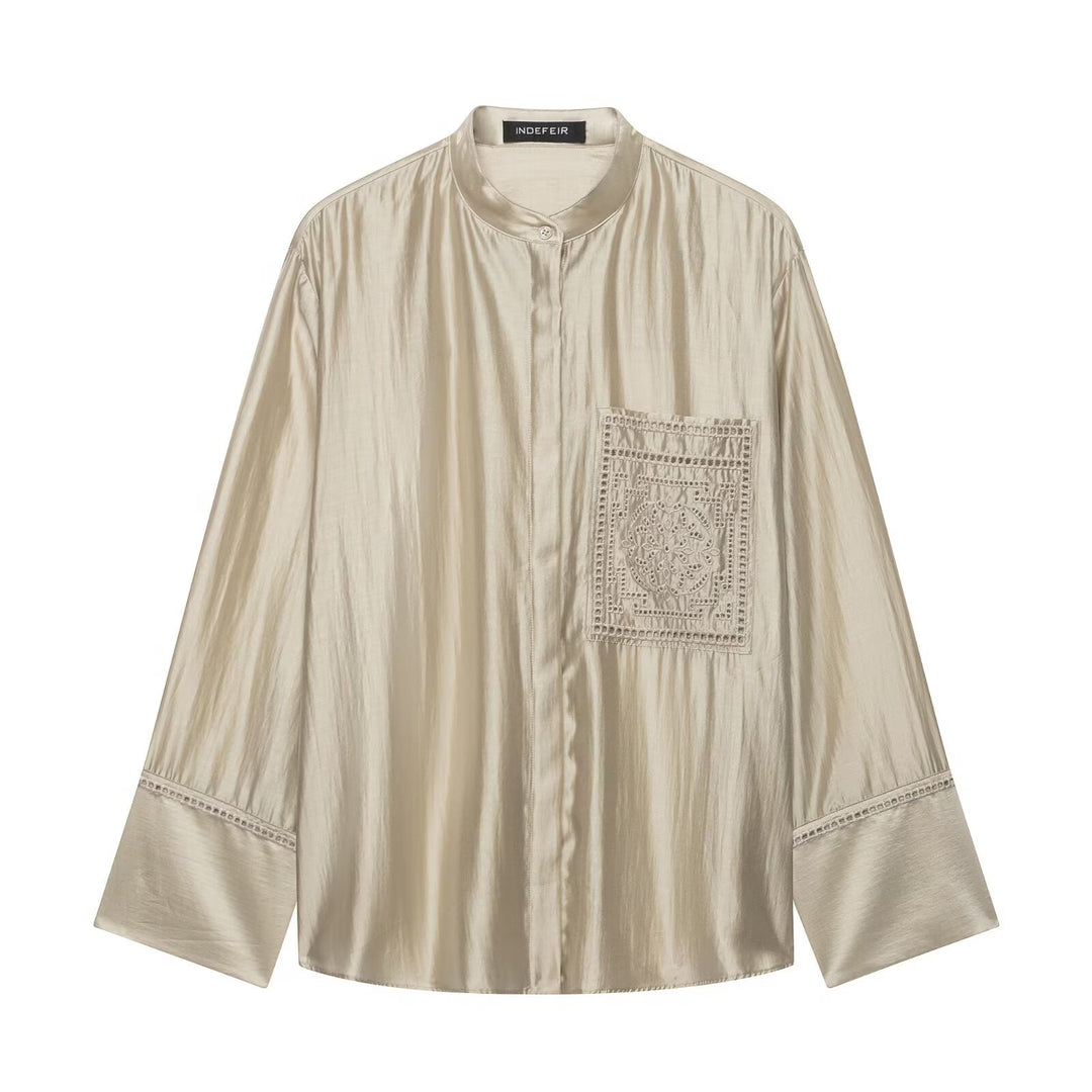 Damen Oversize Seidenoptik-Bluse mit Stehkragen und bestickter Brusttasche Drune