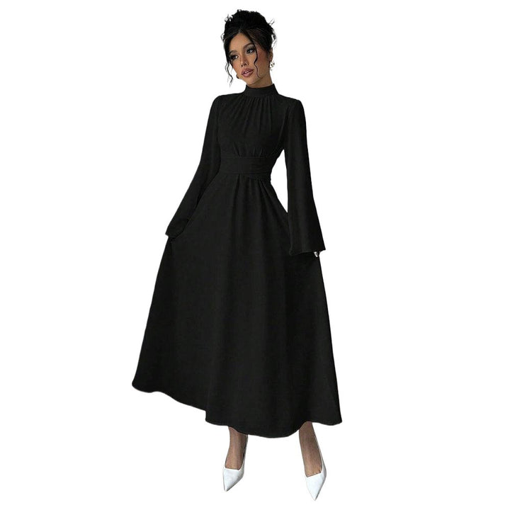 Damen elegantes Maxikleid mit Stehkragen, geraffter Taillenpartie und ausgestelltem A‑Linien‑Rock Drune