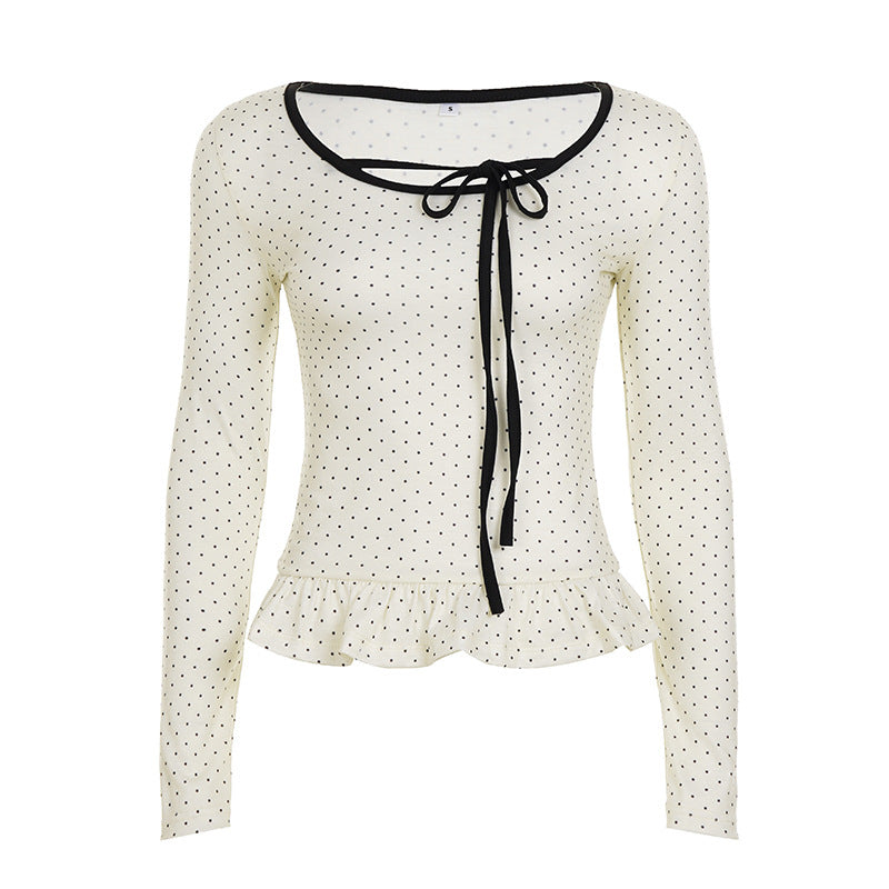 Damen nan tailliertes Longsleeve mit Rüschensaum, Tunnelzug und feinem Punktmuster Drune