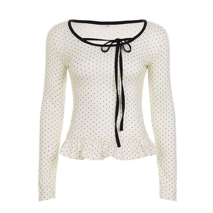 Damen nan tailliertes Longsleeve mit Rüschensaum, Tunnelzug und feinem Punktmuster Drune