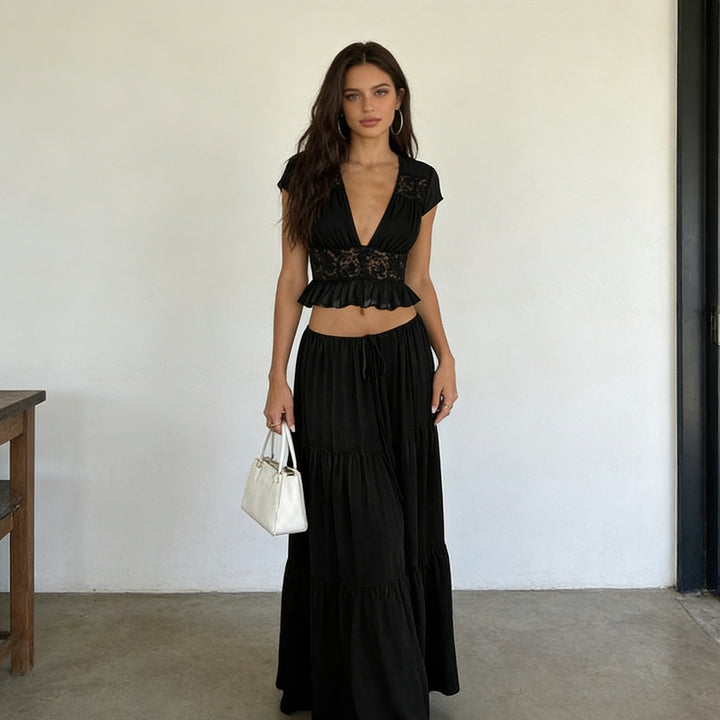 Damen Lässiges Maxi-Kleid mit eleganter Raffung und cropped Top Drune