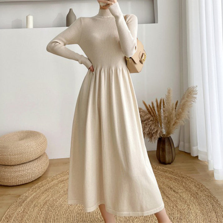 Damen elegantes midi Kleid mit dehnbarem Bund und langem Ärmel Drune
