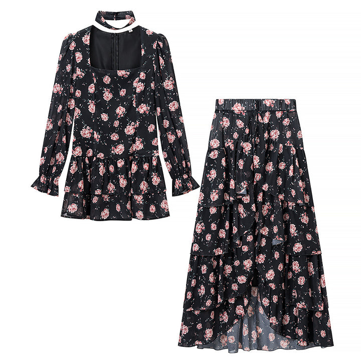 Damen Zweiteiliges Chiffon-Set – taillierte Volantbluse mit quadratischem Ausschnitt, Choker und gestuftem Wickel‑Maxirock Drune