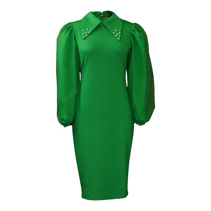 Damen Etuikleid mit Puffärmeln und eleganter Kragenverzierung Drune