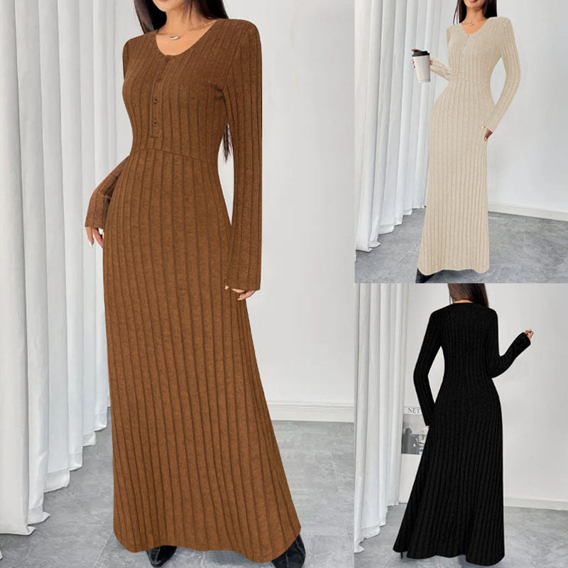 Damen Geripptes Maxi-Strickkleid mit Taillennaht und Knopfleiste Drune