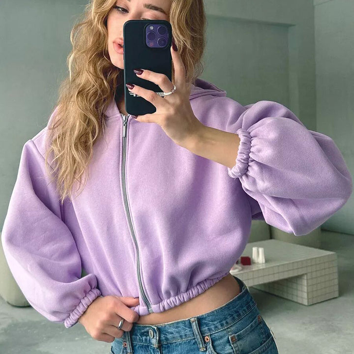 Damen kurzes Oversize-Kapuzen-Sweatshirt mit Reißverschluss, Ballonärmeln und elastischem Saum Drune