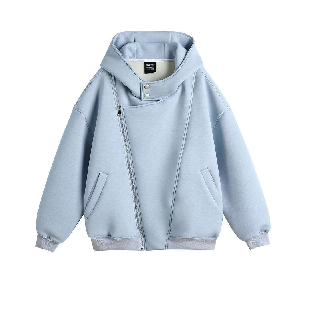 Unisex Oversize Kapuzen‑Zipjacke mit asymmetrischem Reißverschluss und hohem Funnelkragen Drune