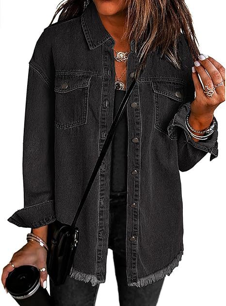 Damen Oversize Jeanshemdjacke mit Fransensaum Drune