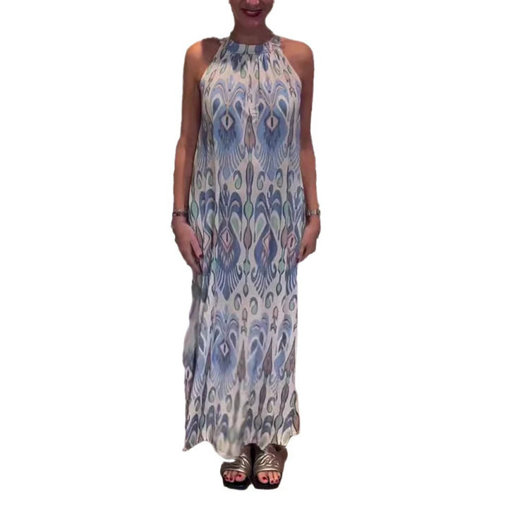 Damen nan fließendes Maxikleid mit Halterkragen, ornamentalem Ikat‑Print und weitem Fall Drune