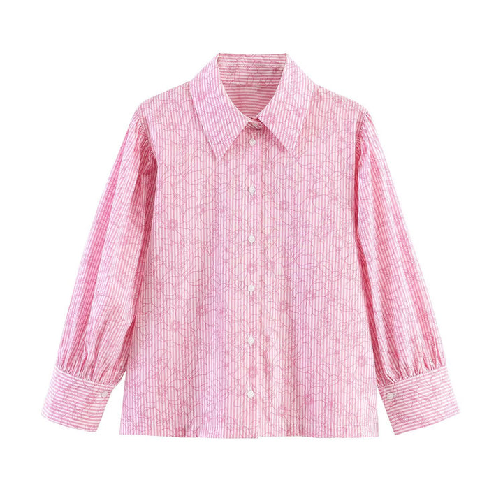 Damen Gestreifte Baumwollbluse mit Puffärmeln und Tonaler Stickerei Drune