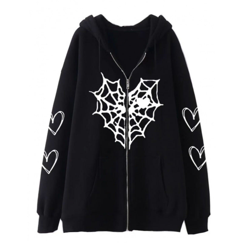 Damen Kapuzenjacke mit auffälligem Spinnenmotiv und praktischen Taschen Drune
