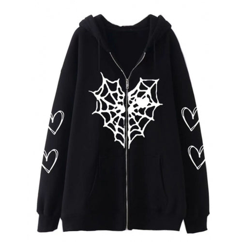 Damen Kapuzenjacke mit auffälligem Spinnenmotiv und praktischen Taschen Drune