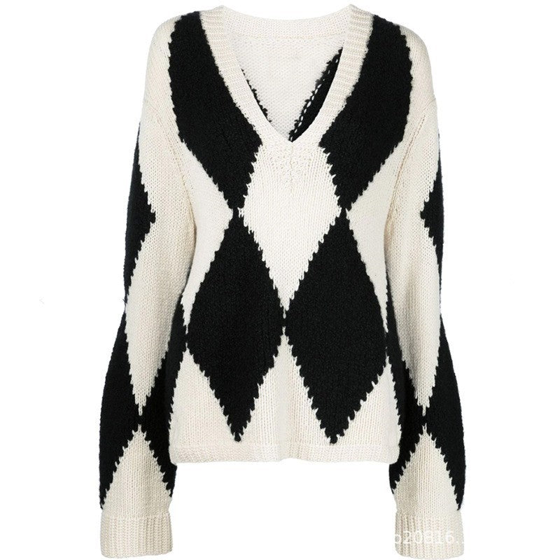 Damen trendiger V-Ausschnitt Strickpullover mit Zickzackmuster Drune