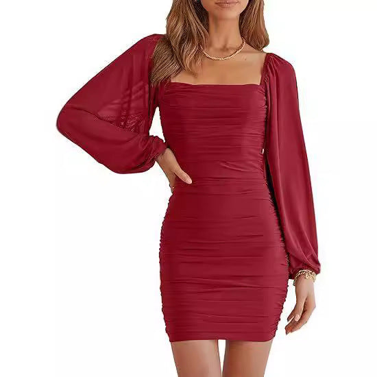 Damen figurbetontes Minikleid mit Puffärmeln und quadratischem Ausschnitt Drune