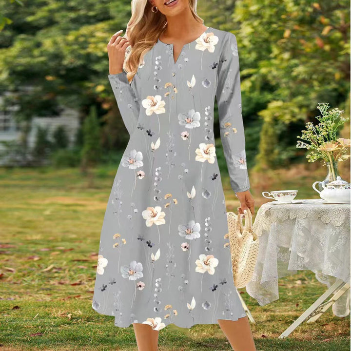 Drune | Bedrucktes V-Ausschnitt Knopf Langarmkleid