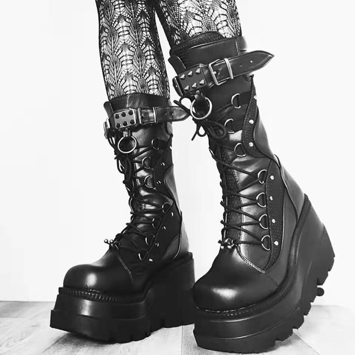 Damen Plateau-Schnürstiefel mit klobiger Lug-Sohle, Netzbesatz und verstellbaren Schnallen Drune