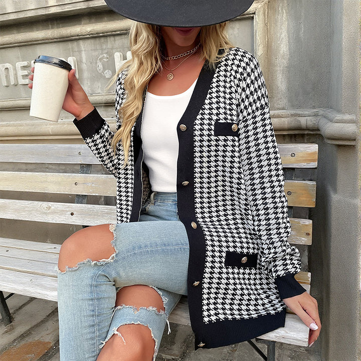 Damen Oversized Strickcardigan mit Hahnentritt-Muster und goldenen Zierknöpfen Drune