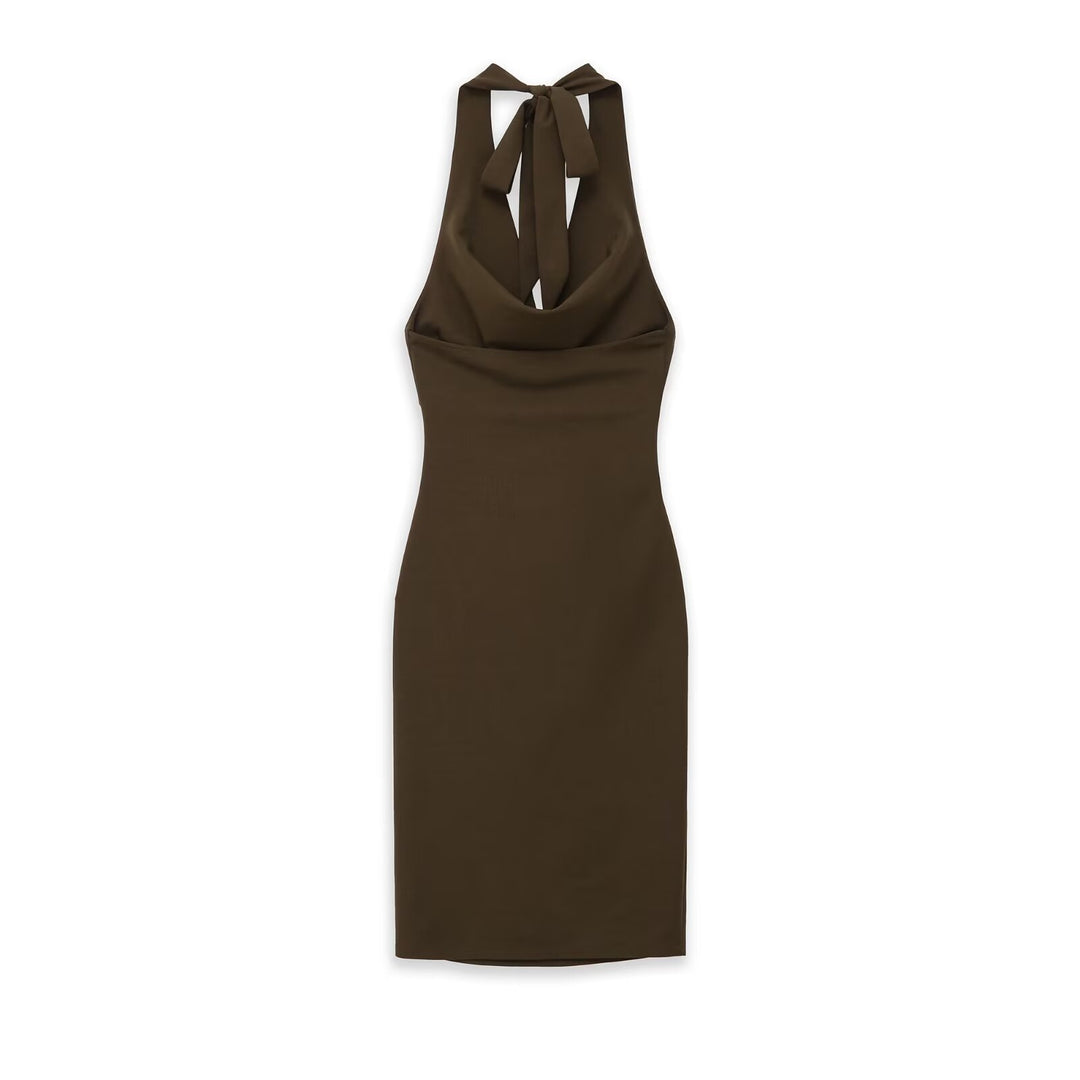 Damen Midikleid mit Neckholder, Wasserfall‑Cowl‑Ausschnitt und seitlicher Raffung Drune