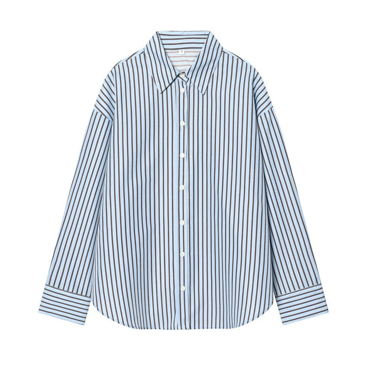 Damen Oversize-Hemd mit vertikalem Streifenmuster und Kentkragen Drune