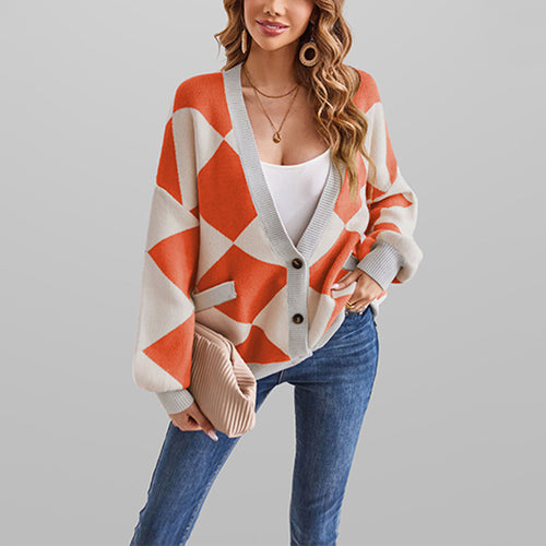 Damen kreativer Strickcardigan mit geometrischem Muster Drune