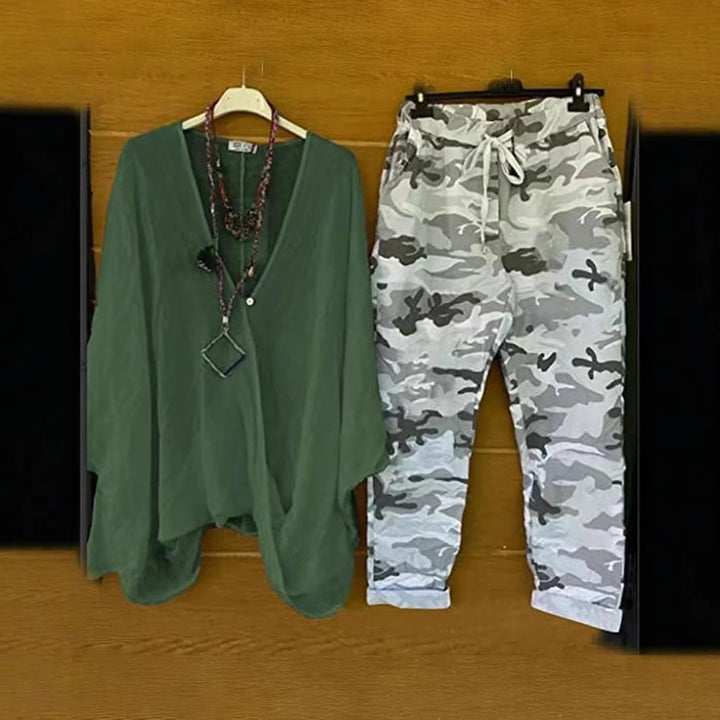 Damen nan Zweiteiler aus fließendem Kimono-Top und Camouflage-Jogginghose Drune