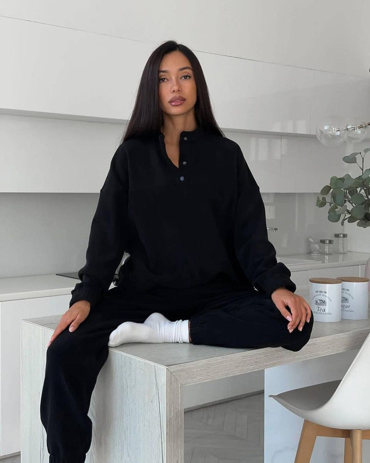 Damen Oversize-Fleece-Set mit Henley-Kragen und weicher Jogginghose Drune