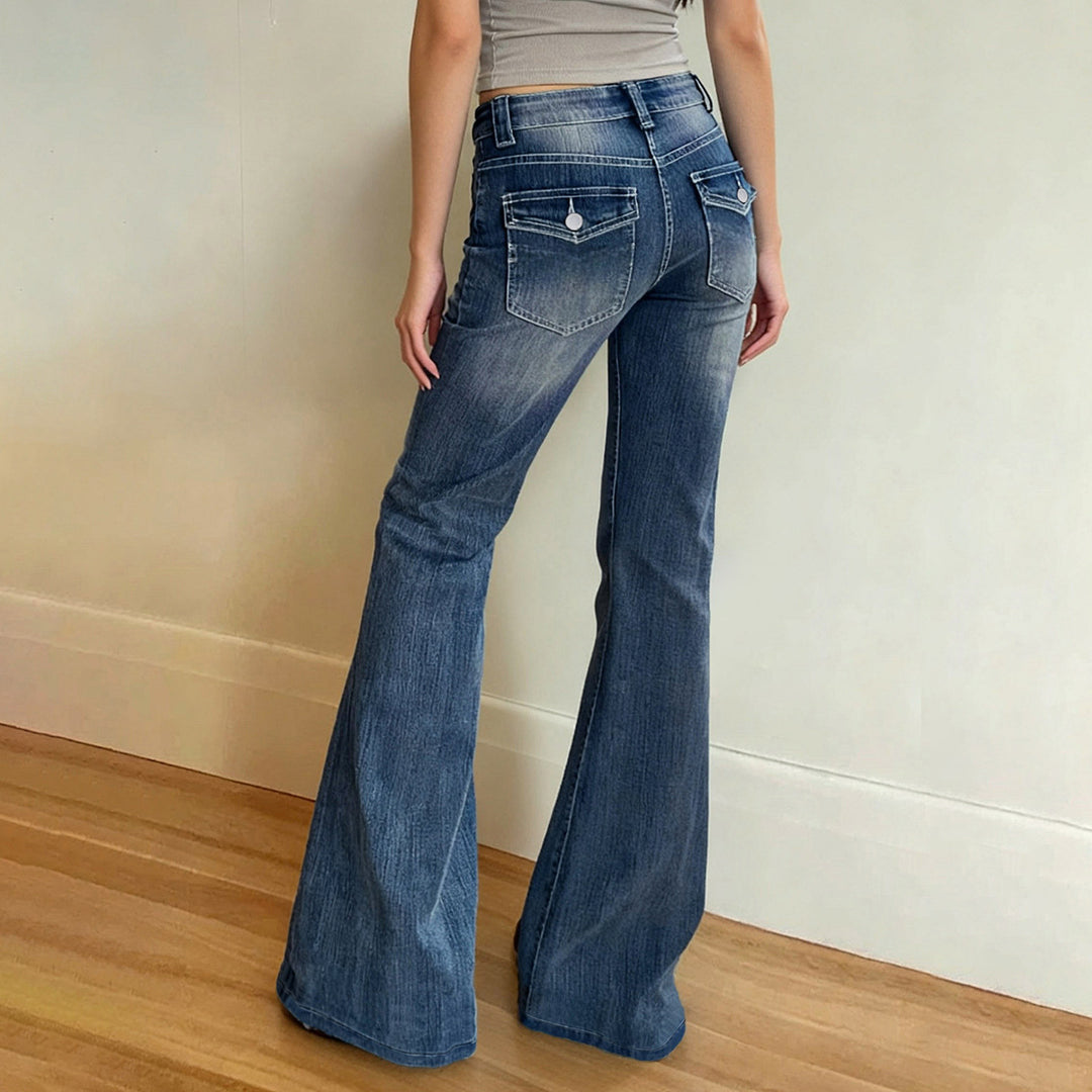 Damen Hochtaillierte Flared-Jeans mit Used-Waschung und Five-Pocket Drune