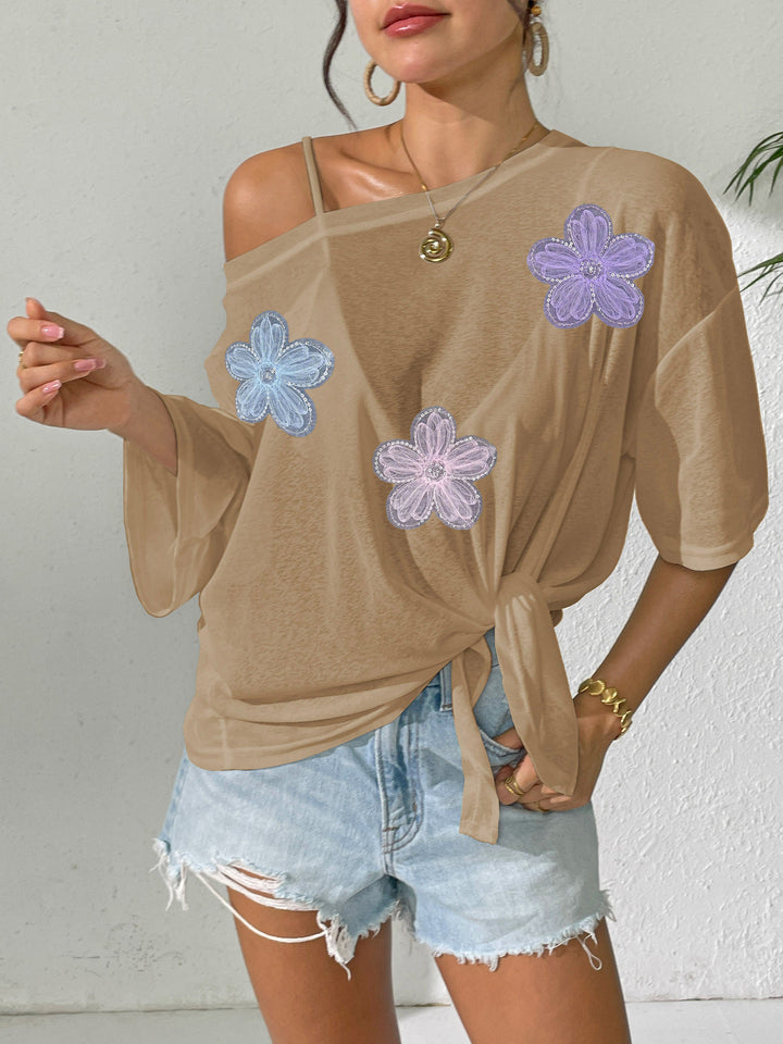 Damen lässiges Oberteil mit floralem Design und seitlichem Knoten Drune